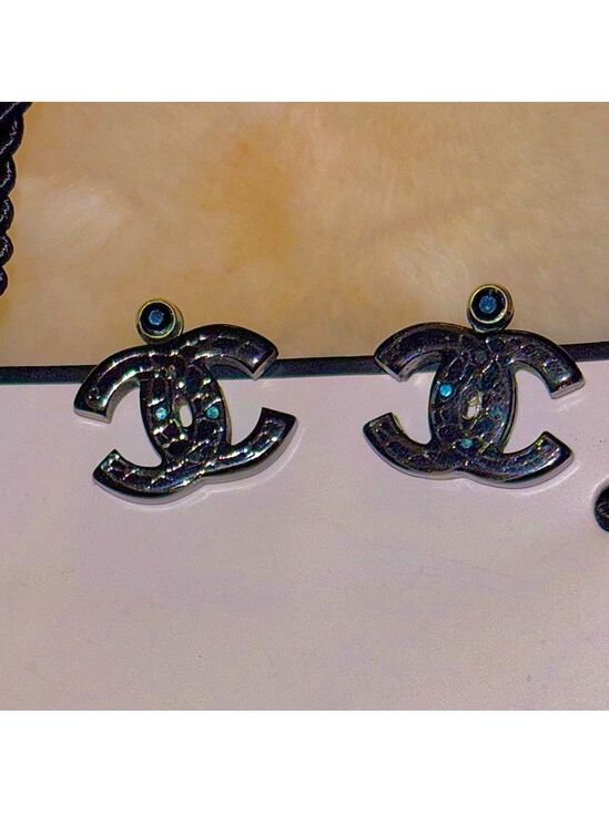 CHANEL Jewelry - CHANEL Blue Crystal Logo Earrings - Authentic- with Box/Bag